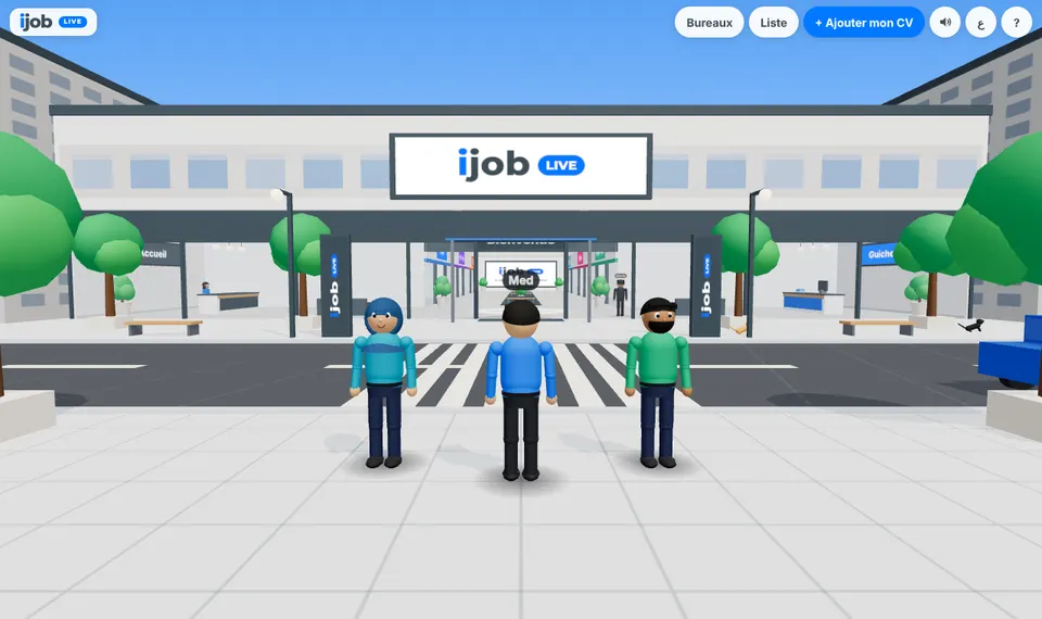 Le siège iJob Live vu depuis la rue, avec son enseigne et ses visiteurs